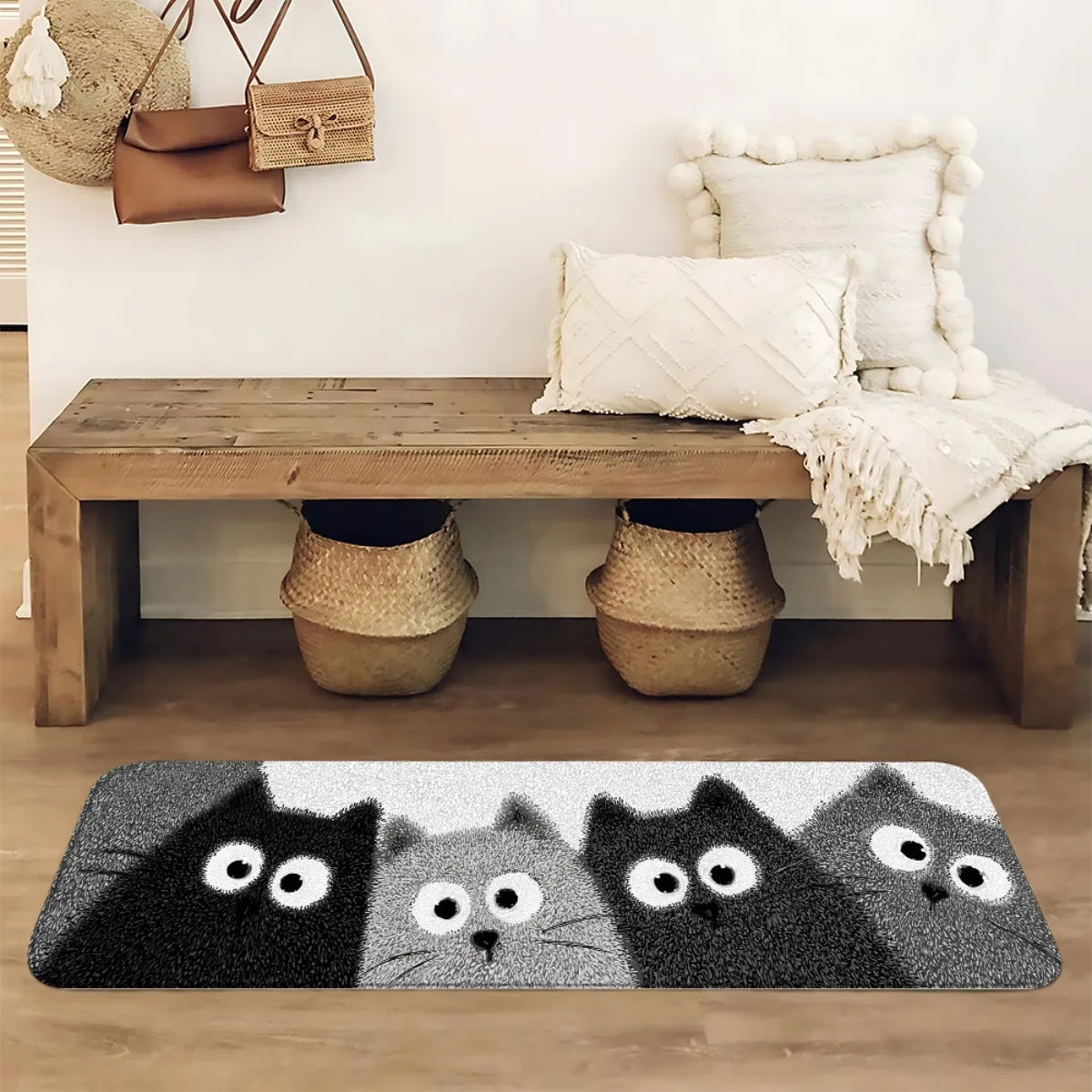 tapis gris blanc chatons yeux blancs fond moderne antidérapant polyester