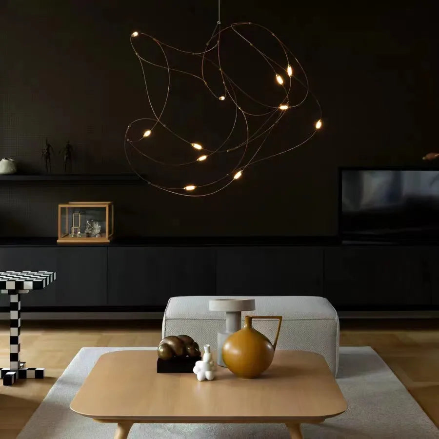 suspension lumineuse led contemporaine minimaliste spirales dorées salon chambre