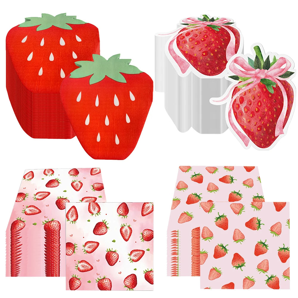 serviettes jetables fraises rouge vert fond rose anniversaire enfant mariage festives