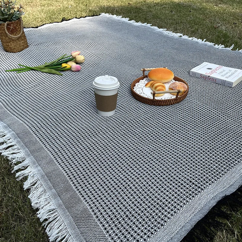 tapis plage rose blanc boho chic rayures diagonales franges pique nique extérieur portable