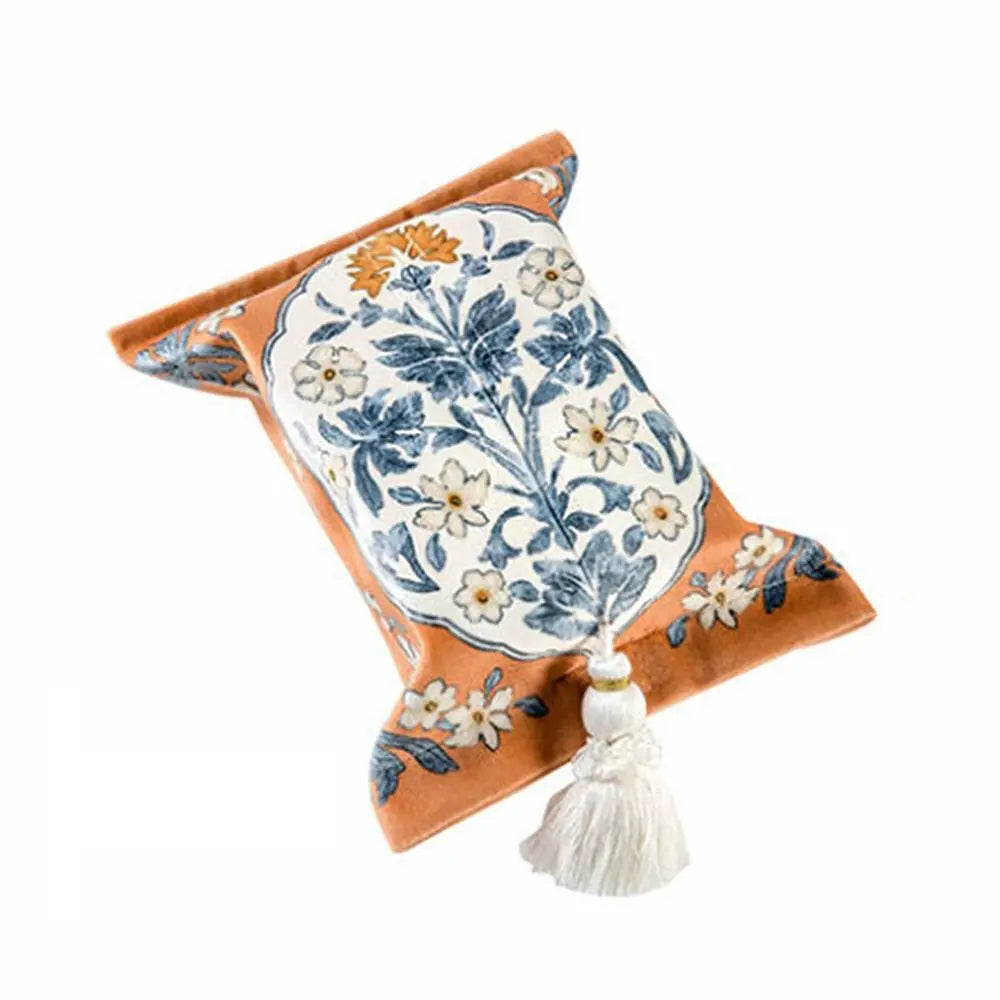 Sac mouchoirs vintage floral orange blanc bleu tassel boho chic decoration reusable