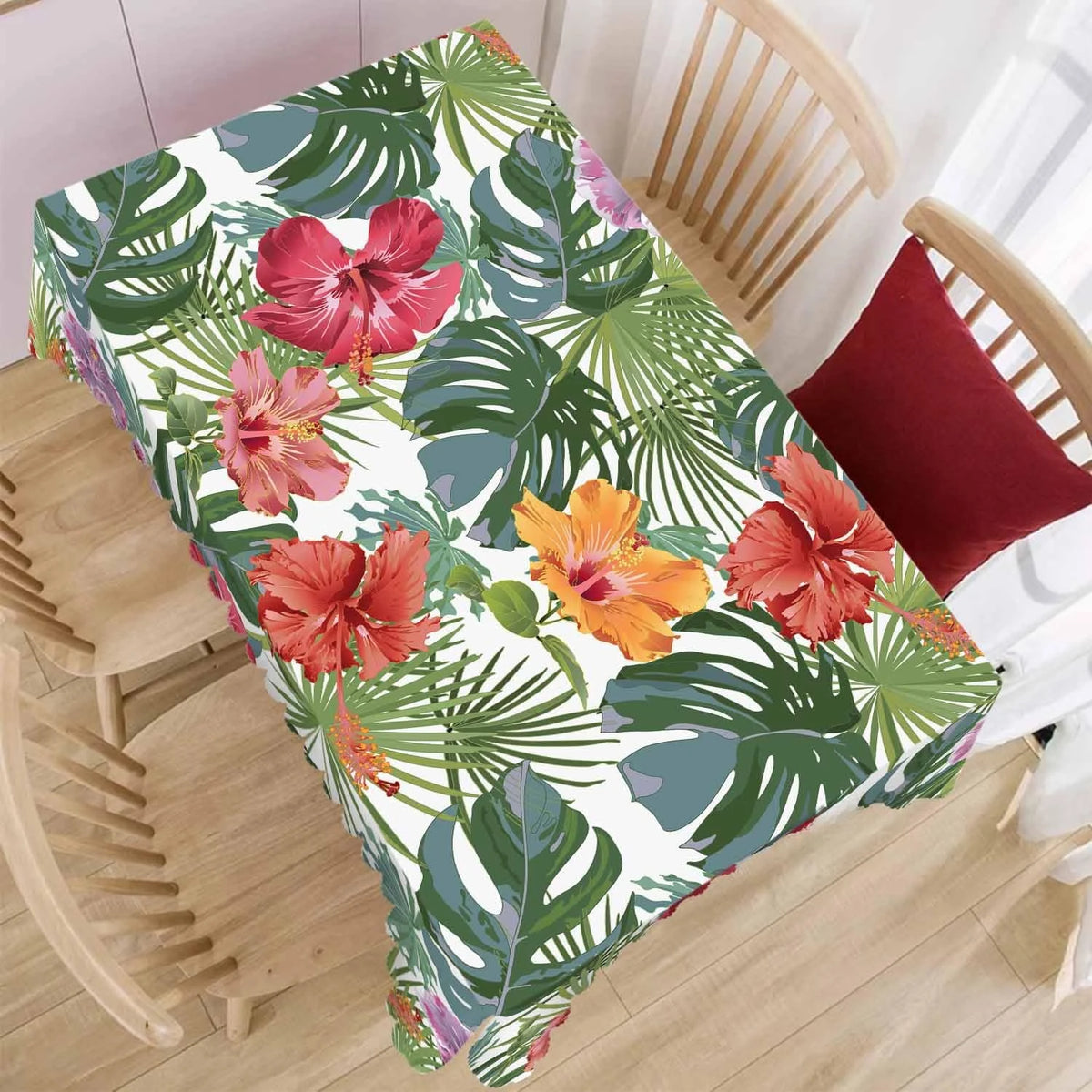 nappe imperméable réutilisable fleurs tropicales moderne verte rouge orangée table manger polyester