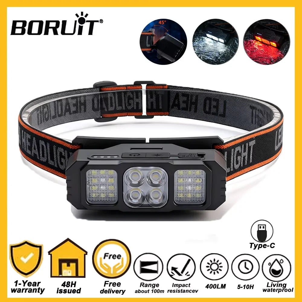 lampe frontale led rechargeable camping noir gris orange bandes imprimées indicateur batterie modifiable ceinture