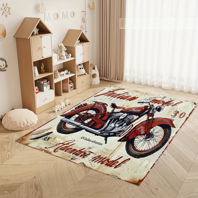 tapis vintage illustration moto indian adventure rouge beige noir salon maison