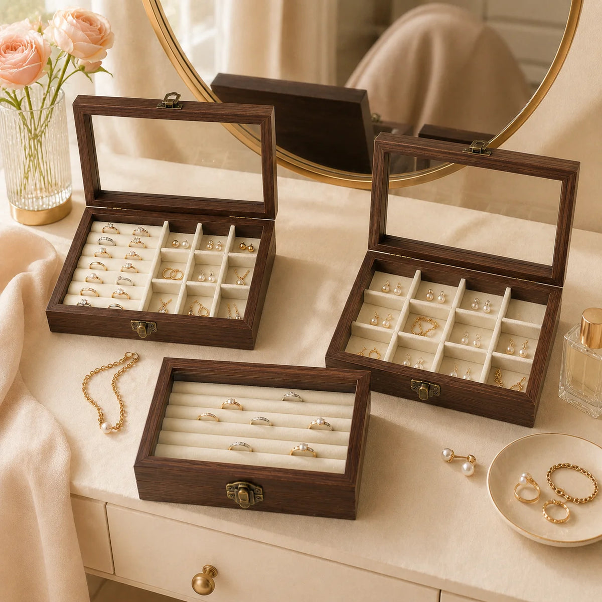 boîte rangement bijoux velours bois blanc verre transparent classique élégante cadenas vintage protection sophistiquéeintérieur