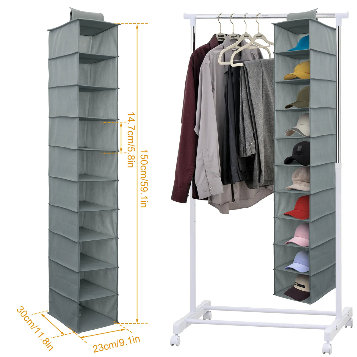 organisateur chaussures suspendu gris non woven polyester pliable moderne 10 compartiments crochets