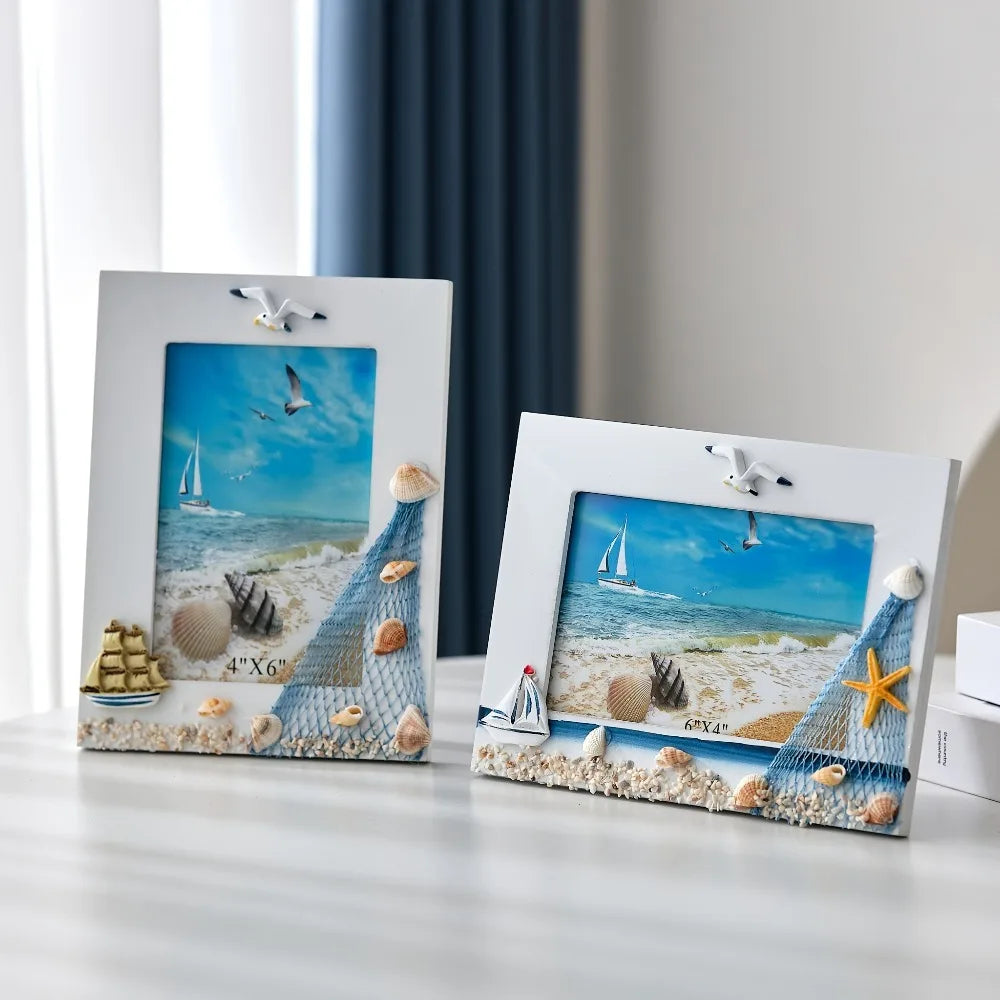 cadre photo marin coquillages voilier plage décoration intérieure bois filets pêche étoiles mer thuyền