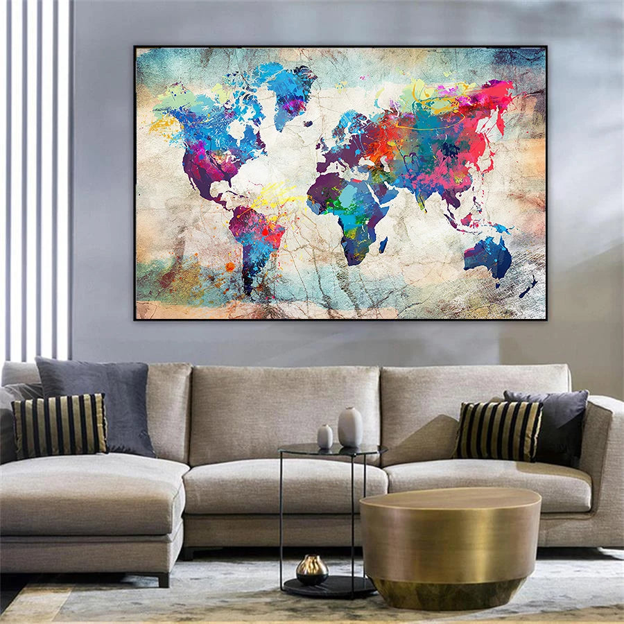 décoration murale moderne toile carte monde abstraite colorée vintagerollable tube