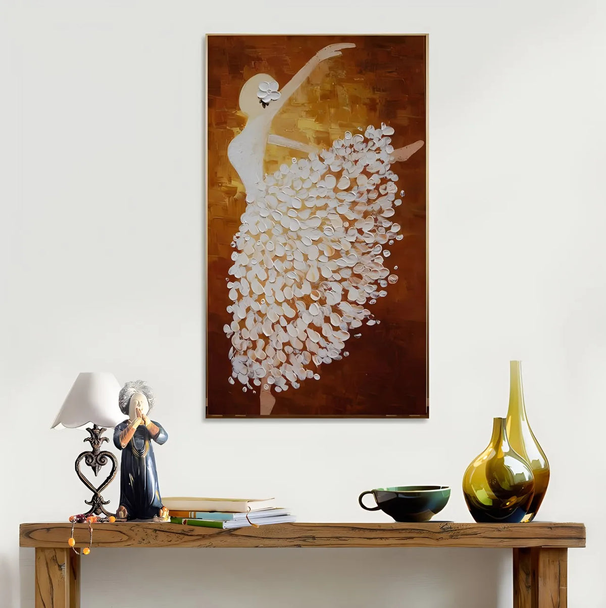 peinture abstraite danseuse contemporaine toile lin cadre doré salon décoration maison blanc marron