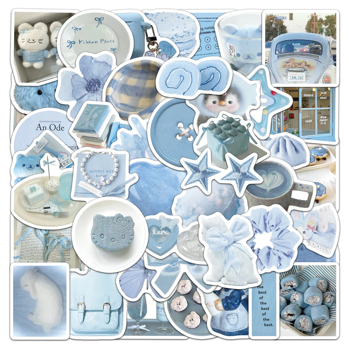 stickers mignons bleu clair fleurs animaux aesthetic 50 pièces pack