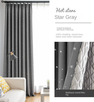 Rideau gris étoilé pour salon, offrant une isolation phonique efficace et une occultation complète. Idéal pour une décoration moderne et élégante, ce rideau améliore le confort acoustique de votre intérieur tout en bloquant la lumière. Parfait pour une chambre ou un séjour, il s'intègre facilement dans tout type de décoration contemporaine.