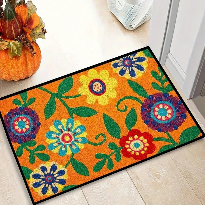 tapis d'entrée multicolore fleurs papillons texte hello moderne antidérapant extérieur 40x60cm