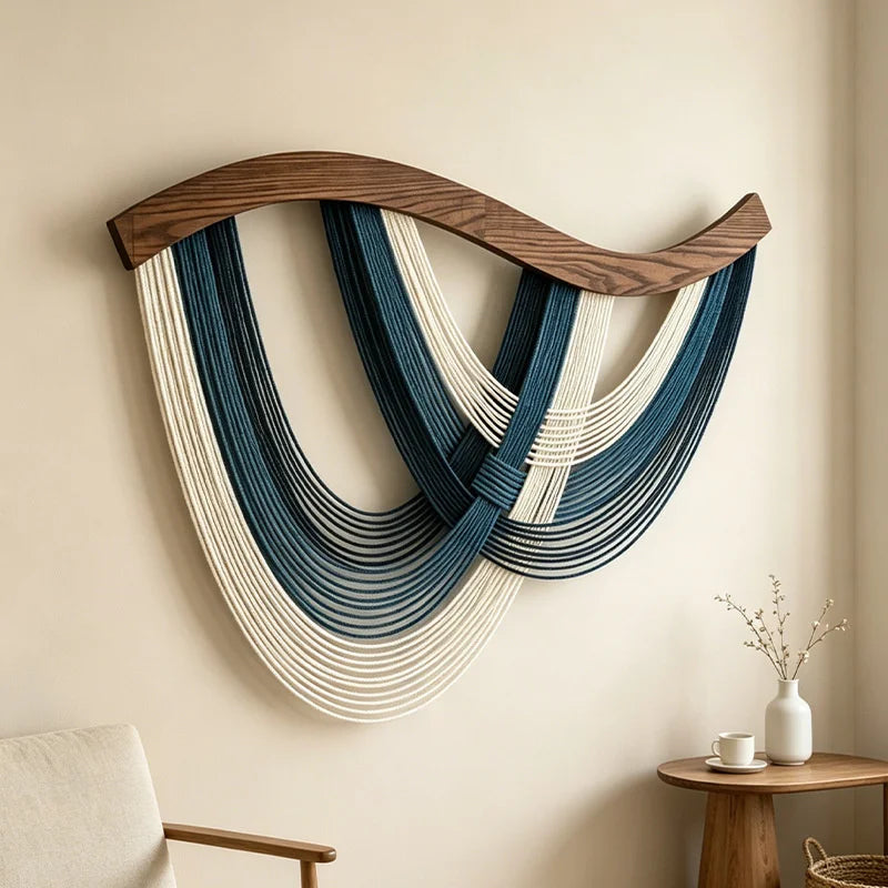 tapisserie murale macramé coton spirales bois moderne abstract salon chambre decoration mur