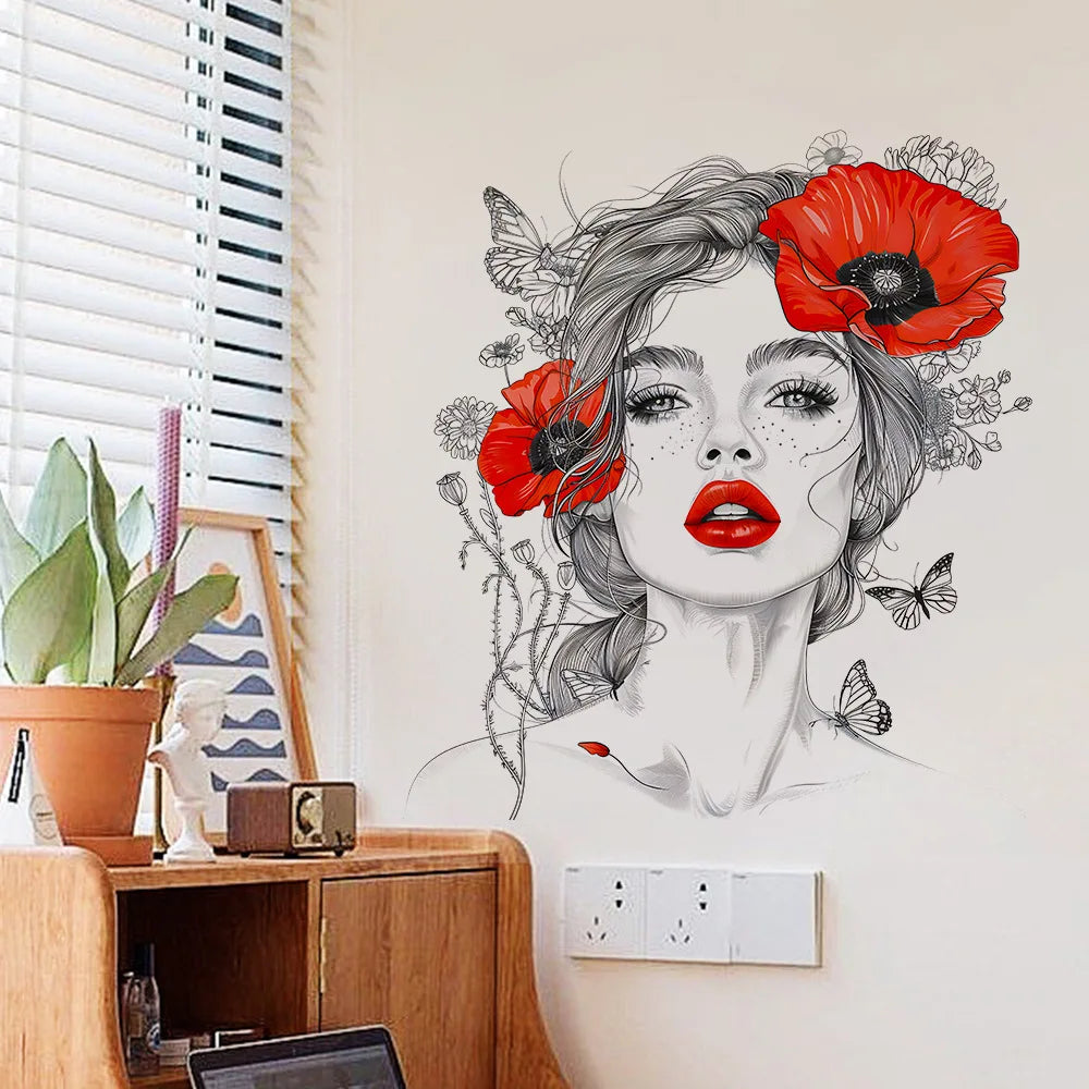 autocollant mural femme coquelicot papillon adhésif moderne chambre enfant rouge noir waterproof removable