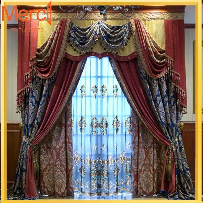 rideaux baroques opaques voilage transparent motifs floraux boucles apparentes salon chambre coucher