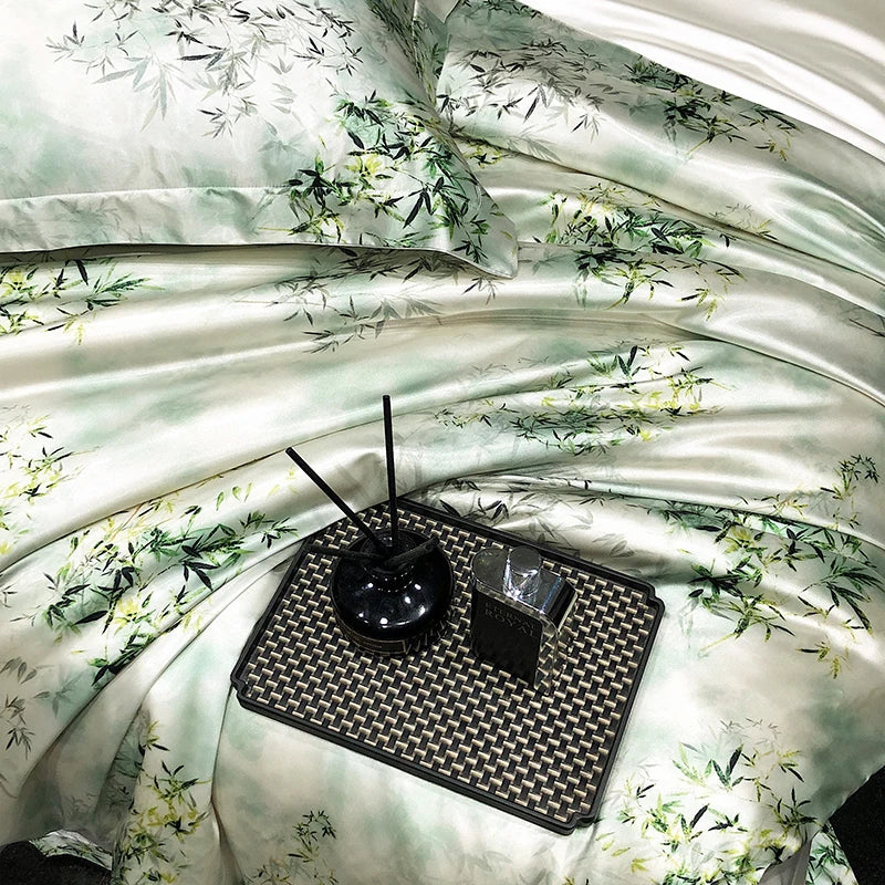drap lit vert clair blanc motif feuilles bambou coton doux coton naturel