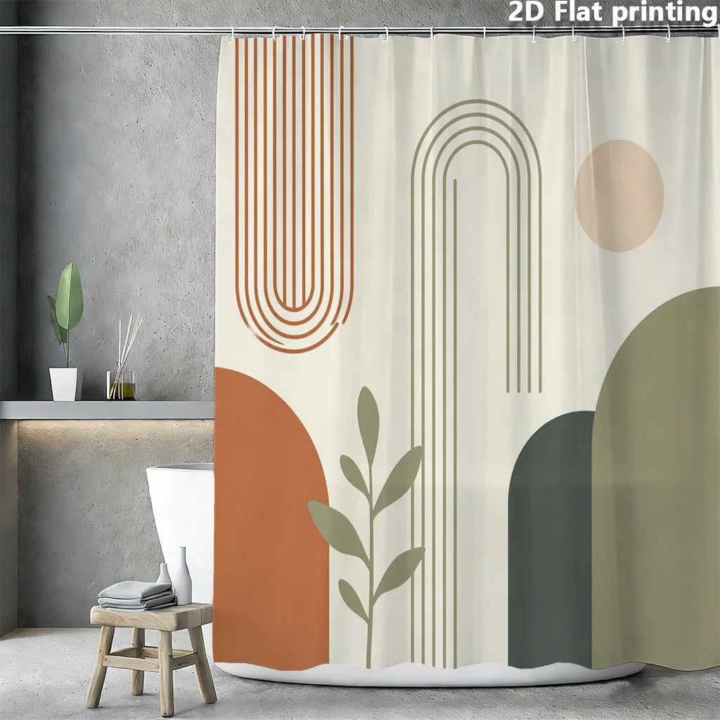 rideau douche moderne motifs géométriques beige orange vert gris opacité anneaux rideau