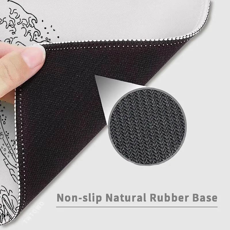 tapis souris grande vague hokusai blanc noir adhésif anti glisse caoutchouc naturel 21x26cm