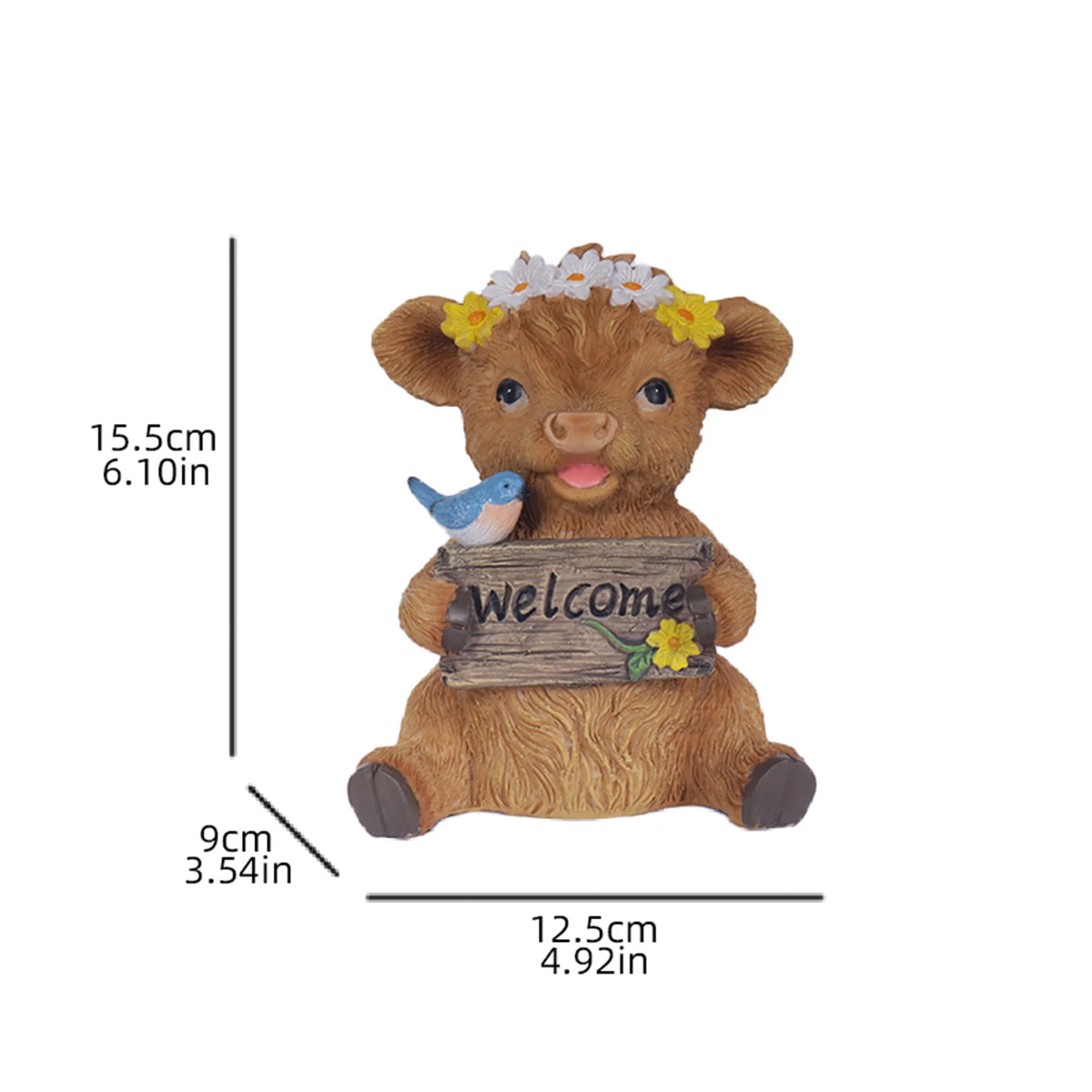 statue vache highland résine bienvenue fleurs tournesols oiseau bleu rustique extérieur jardin decoration