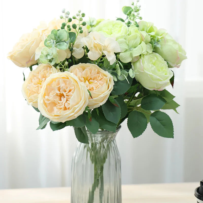 bouquet fleurs artificielles roses naturelles décoration mariage anniversaire intérieur 50cm 13 têtes soie