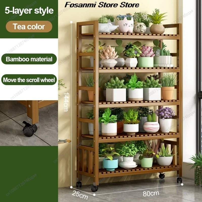 présentoir vertical étagère fleurs mobile bois naturel lattes horizontales moderne 10 niveaux roulettes balconintérieur