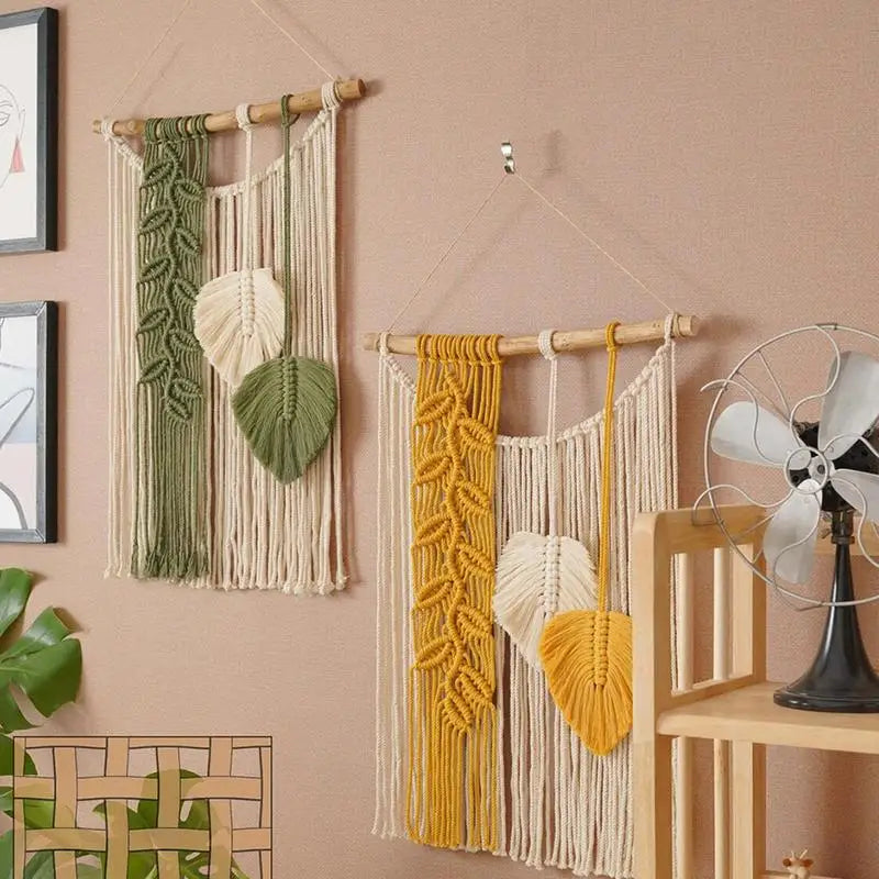 tapisserie murale macramé vert beige jaune feuilles franges bohème fixations murales