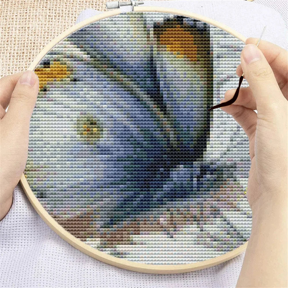 kit broderie point croix tableau fleurs papillons toile coton aiguilles fils plan complet
