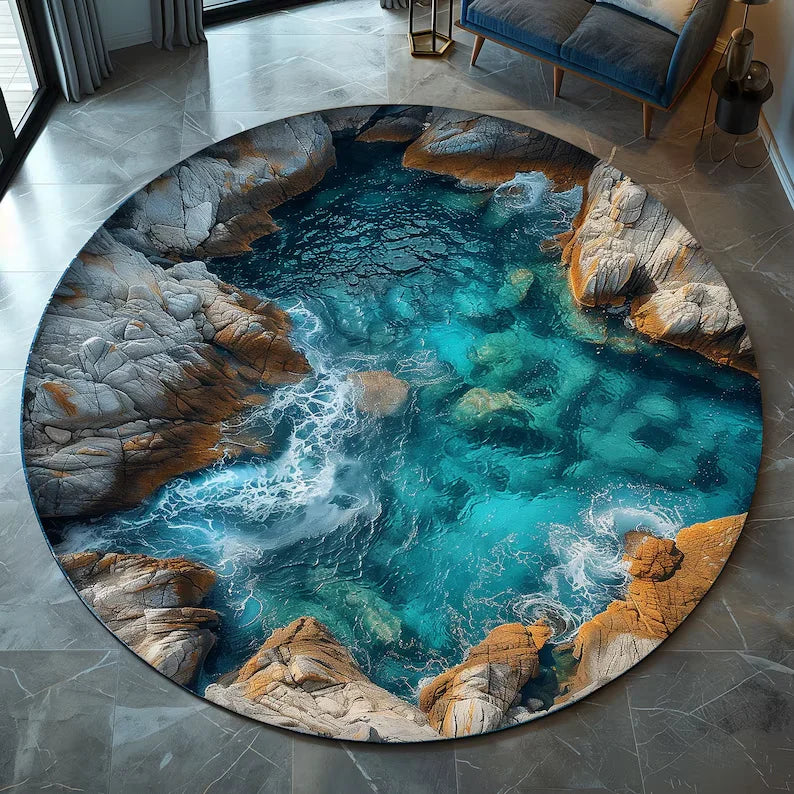 tapis rond moderne paysage marin bleu gris beige rocher eau ciel 80x80cm 120x120cm salon
