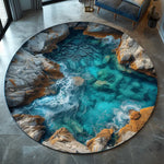 tapis rond moderne paysage marin bleu gris beige rocher eau ciel 80x80cm 120x120cm salon