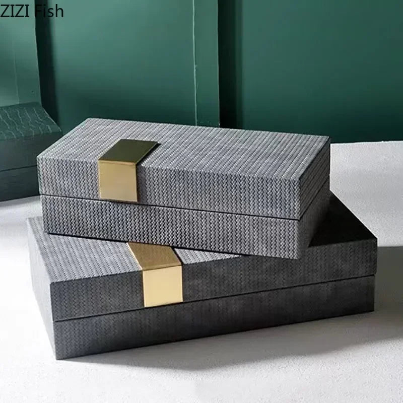 boîtes bijoux modernes gris vert beige noir tissées marbrées opaques plaque dorée 30x15x7cm 25x13x7cm
