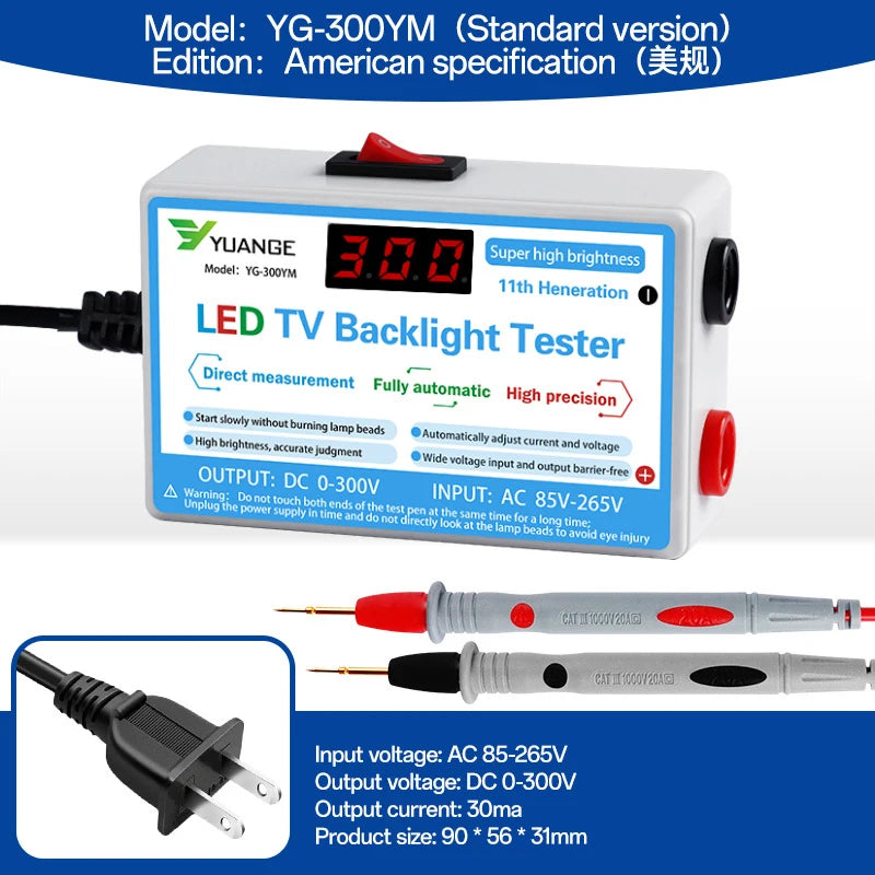 testeur led backlight tv blanc bleu rouge noir affichage numerique boutons cables stylos mesure