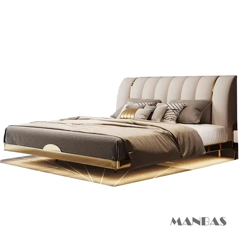 lit moderne double cuir véritable tête capitonnée cadre métal doré luxueux