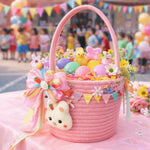 panier tressé réutilisable rose jaune bleu motif lapin festif décoration maison contenants cadeaux pâques