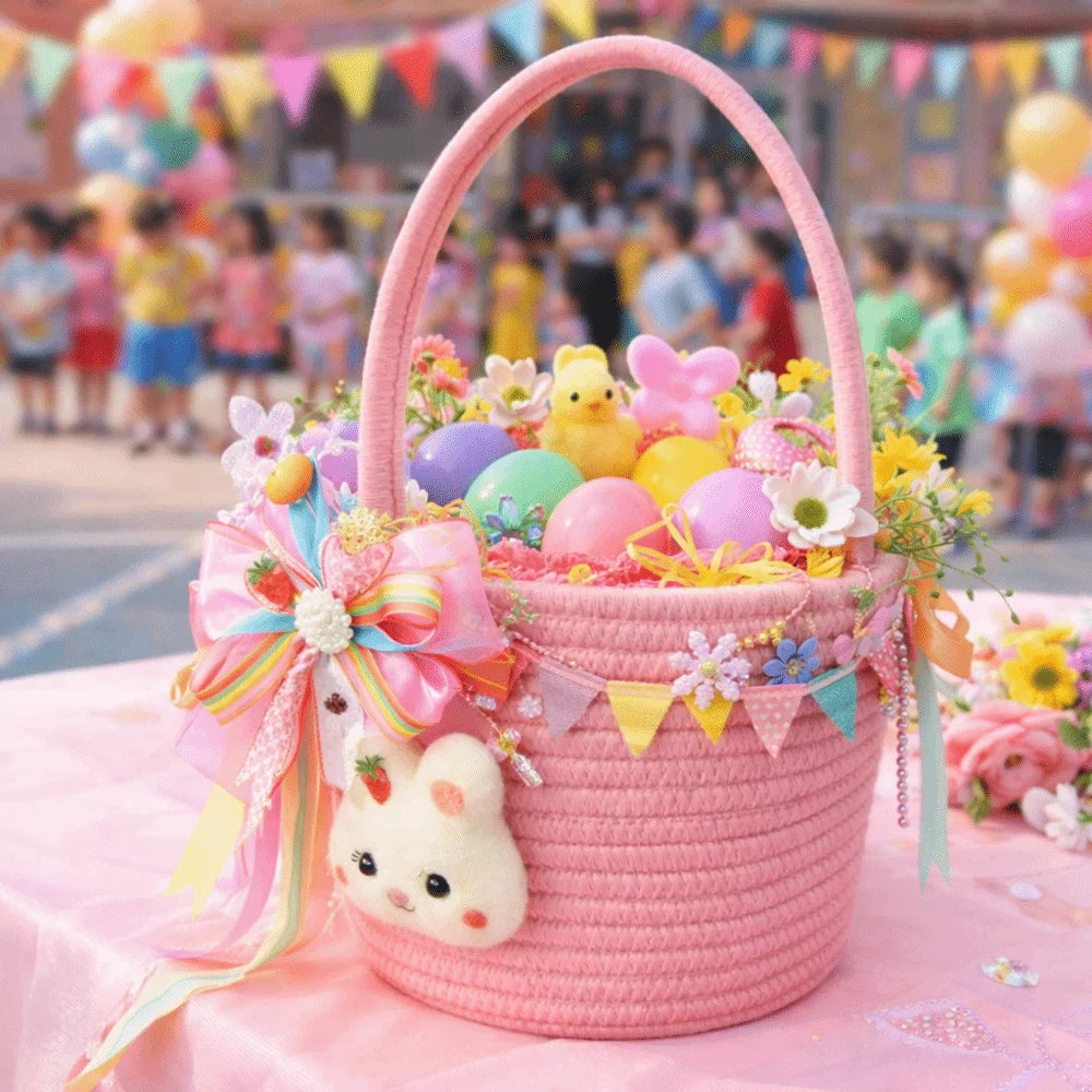 panier tressé réutilisable rose jaune bleu motif lapin festif décoration maison contenants cadeaux pâques