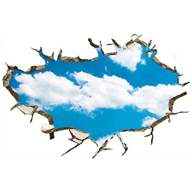 sticker mural 3d ciel bleu nuages étoiles béton fissuré adhésif chambre toit
