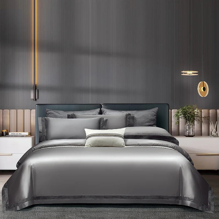 Parure de lit 4 pièces coton égyptien gris sur lit 160x200