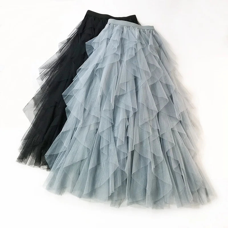 jupe longue femme tulle plissée coréen fluide taille haute élégante volante mi mollet