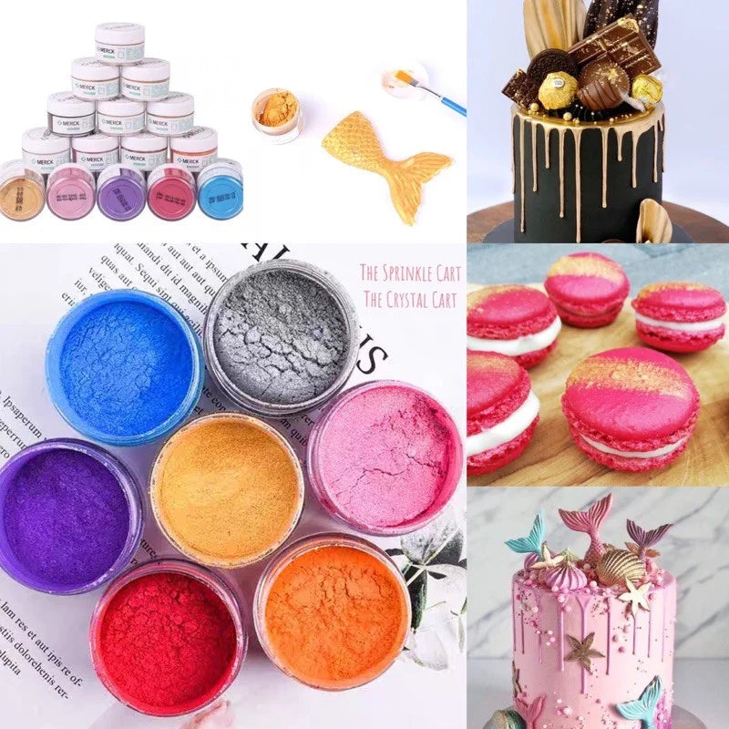 poudres colorées pinceaux décoratifs brosse poils différents outils pâtisserie artisanal pots blancs
