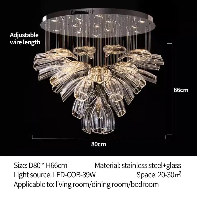 lustre suspendu led cristal transparent forme feuilles fleurs moderne luxe salon hall villa