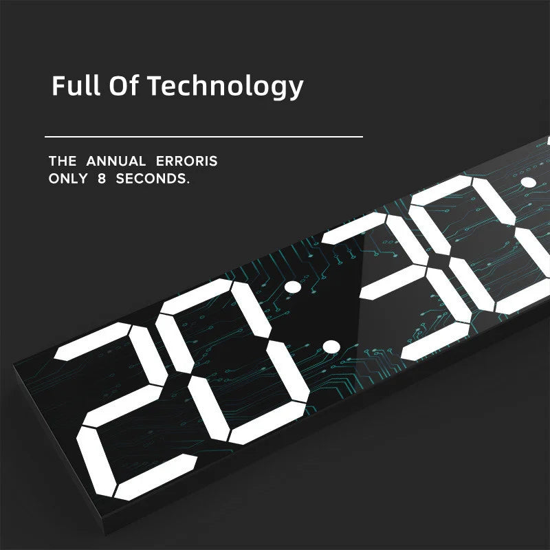 Détail de l'écran LED 3D de l'horloge murale affichant l'heure et la température
