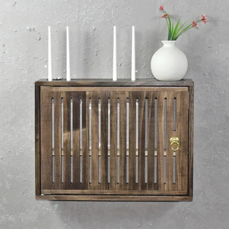 boite rangement murale routeur wifi bois poignée dorée grille