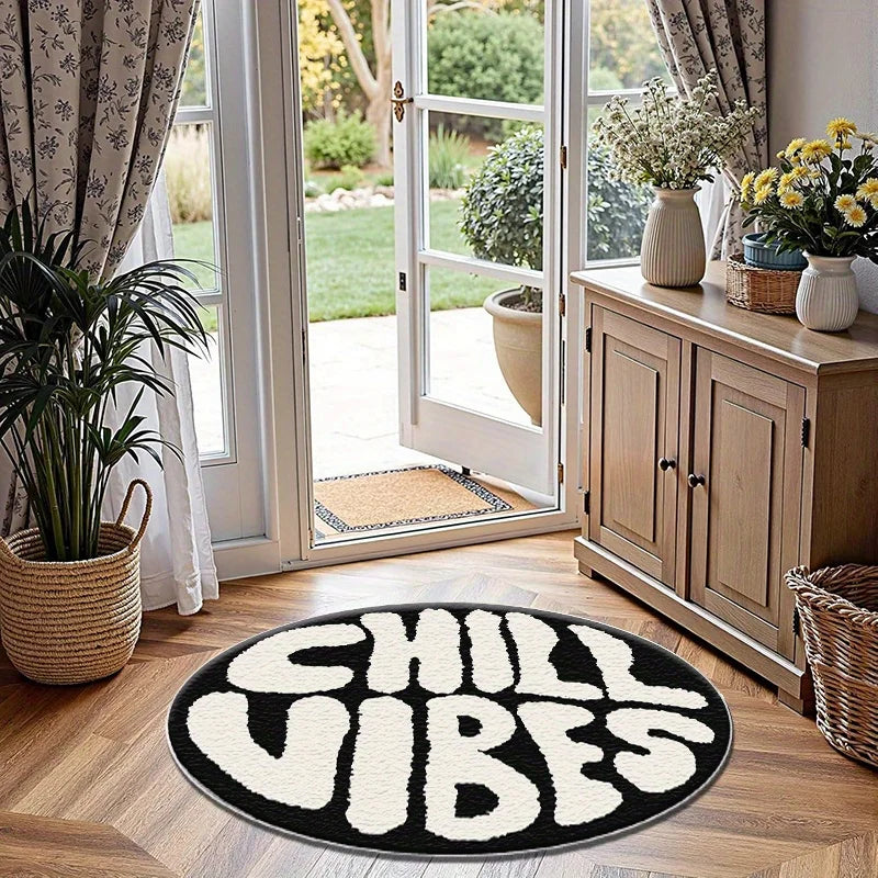 tapis rond moderne lettres chill vibes noir blanc polypropylène polyester 80x80cm 120x120cm 40x40cm decoration
