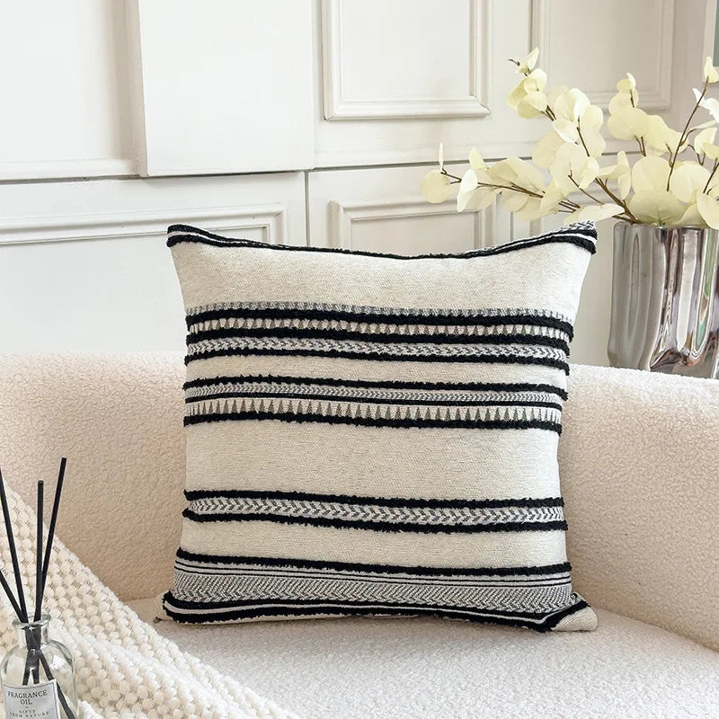housse coussin rayé polyester 45x45cm moderne blanc beige gris vert chambre