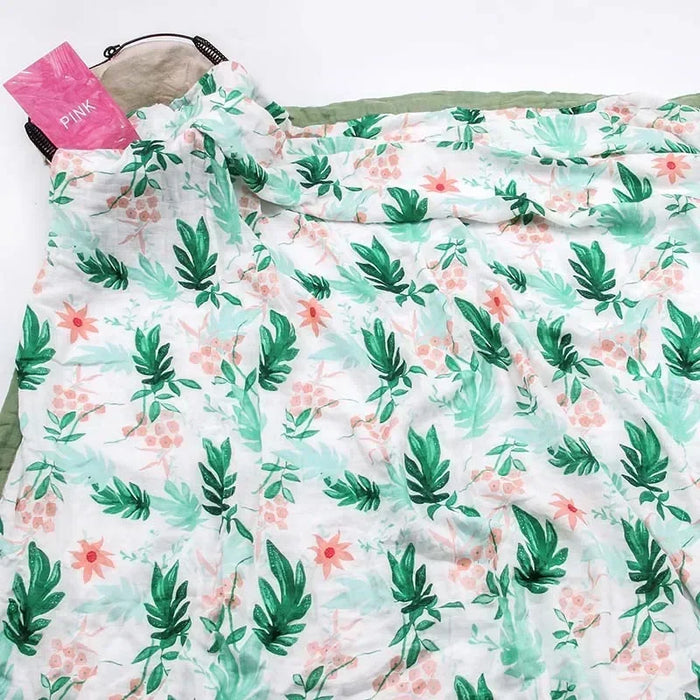 couverture bébé deux couches coton bambou motif floral moderne opacité verte blanc roseclair