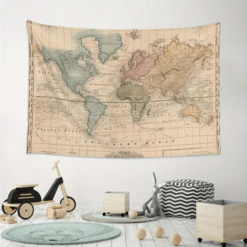 tapisserie murale carte monde ancienne beige vert bleu rose vintage opacité totale décoration intérieure