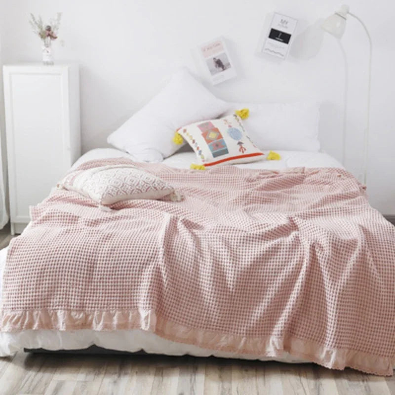 plaid coton doux solide rose clair tissage points moderne portable anti boulochage pique nique
