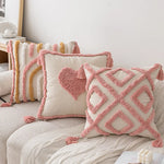 coussin carré moderne brodé géométrique rose boho chic franges adhésif zip 45x45cm