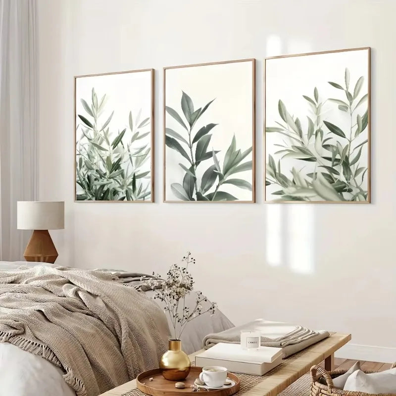 toiles d'art minimaliste feuilles vertes naturelles cadres bois vert blanc beige