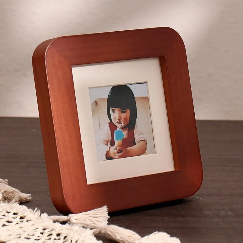 cadre photo moderne 9x9cm marron blanc bois carré arrondi enfant déco maison minimaliste