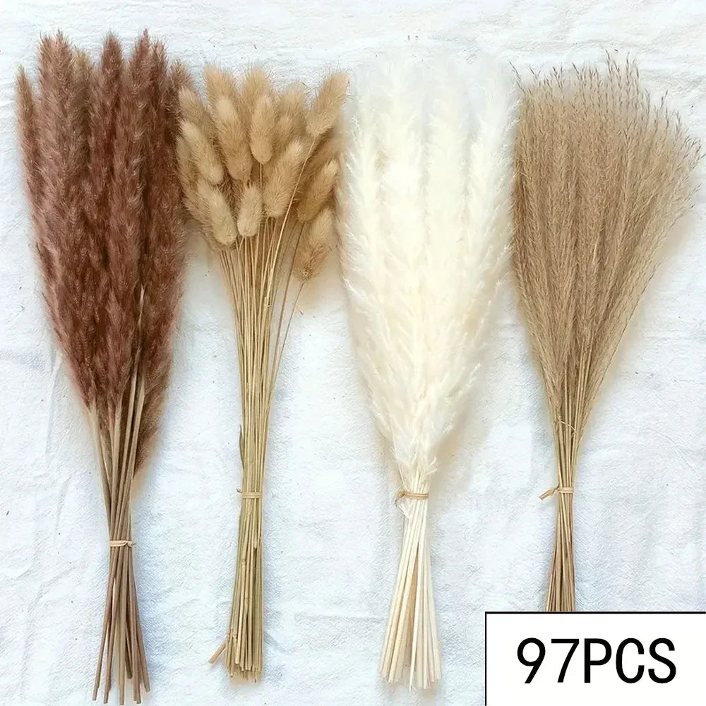 bouquet fleurs séchées pampa plumes fines beige blanc rose pâle naturel rustique clips decoration